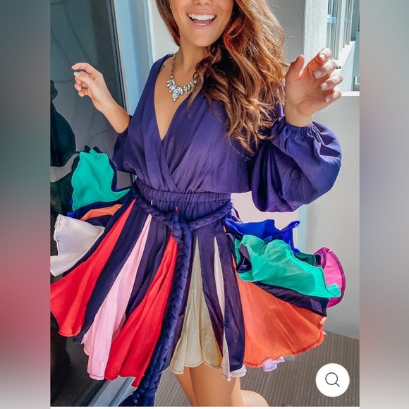 NWT Navy & Rainbow L’ATISTE Pleated Mini Dress with Rope Belt M - Picture 1 of 12